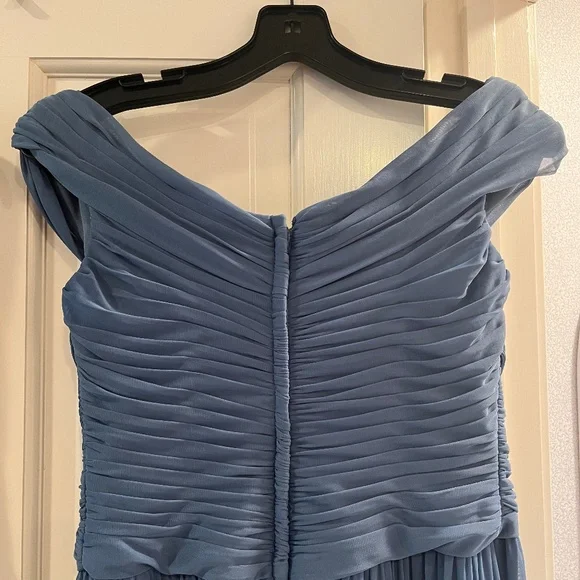 David's Bridal - Crisscross Off-the-Shoulder Mesh Dress - Steel Blue, Size 6 - Picture 4 of 10